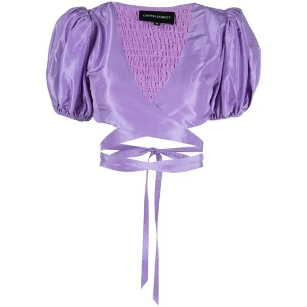 Cynthia Rowley Luna Taffeta Smocked Wrap Tie Top & Bubble Skirt in Purple
